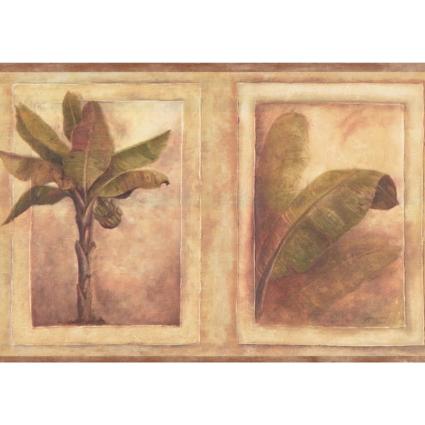 Palm Trees and Botanical Plants Framed in Brown WALLPAPER BORDER